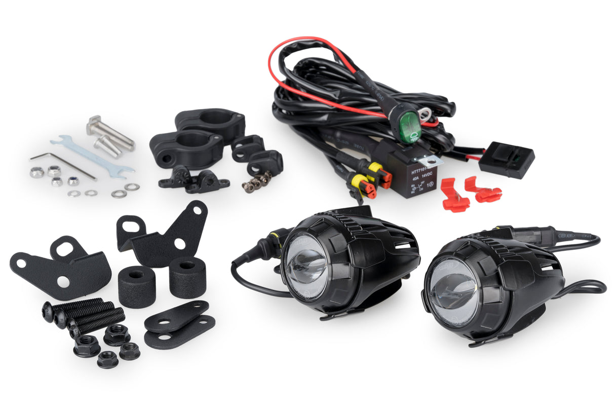Pair of Puig Beam 3.0 LED auxiliary motorcycle spotlights with black aluminium housings and twin LED lenses