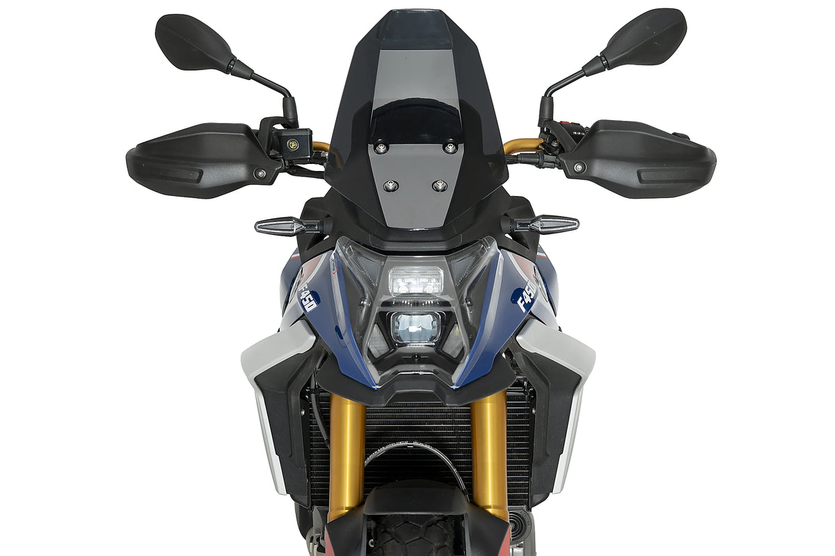 Puig 23209W Clear Headlight Protector BMW F450GS 2026, scratch-resistant polycarbonate motorcycle headlight guard with UV protection, black epoxy-coated steel mounting brackets and fitting kit_1