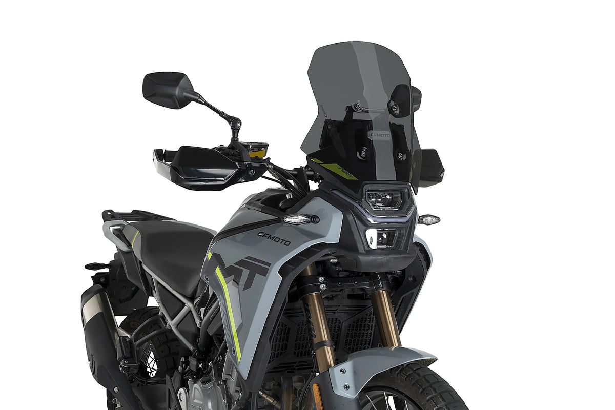 Puig 23214F Dark Smoke Touring Screen CF Moto 450 MT 2023-26, acrylic motorcycle windscreen, Height 410 mm x Width 375 mm, 140 mm taller than original CF Moto screen.