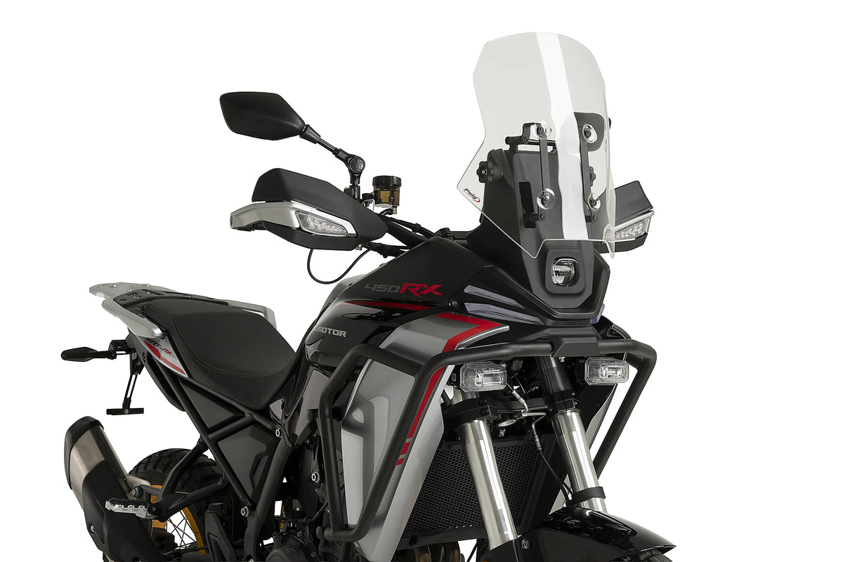 Puig 23214W Clear Touring Screen QJ Motor SRT 450 RX 2026, acrylic motorcycle windscreen, Height 410 mm x Width 375 mm, adventure touring wind protection.