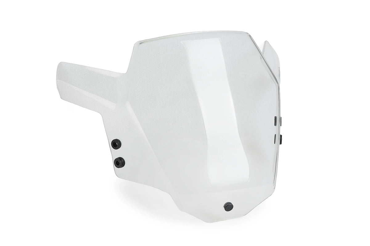 Puig 23216W Headlight Protector CF Moto 450 MT 2023-26, clear motorcycle headlight guard with black epoxy-coated steel mounting brackets and fitting kit_4