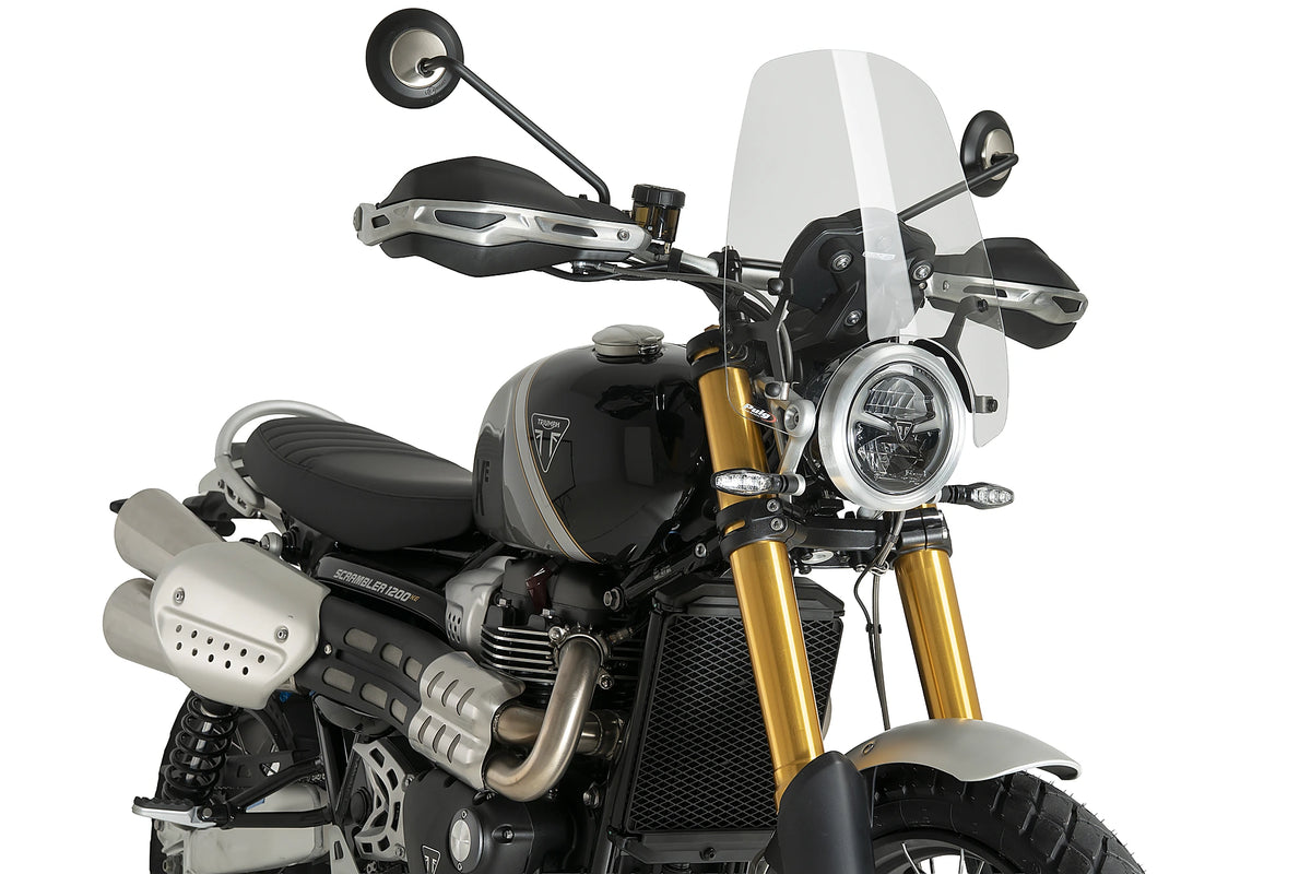Puig 23219W Clear New Generation Touring Screen Triumph Scrambler 1200 XE 2026, PMMA windscreen, Height 415 mm x Width 360 mm, 170 mm taller than Triumph original screen