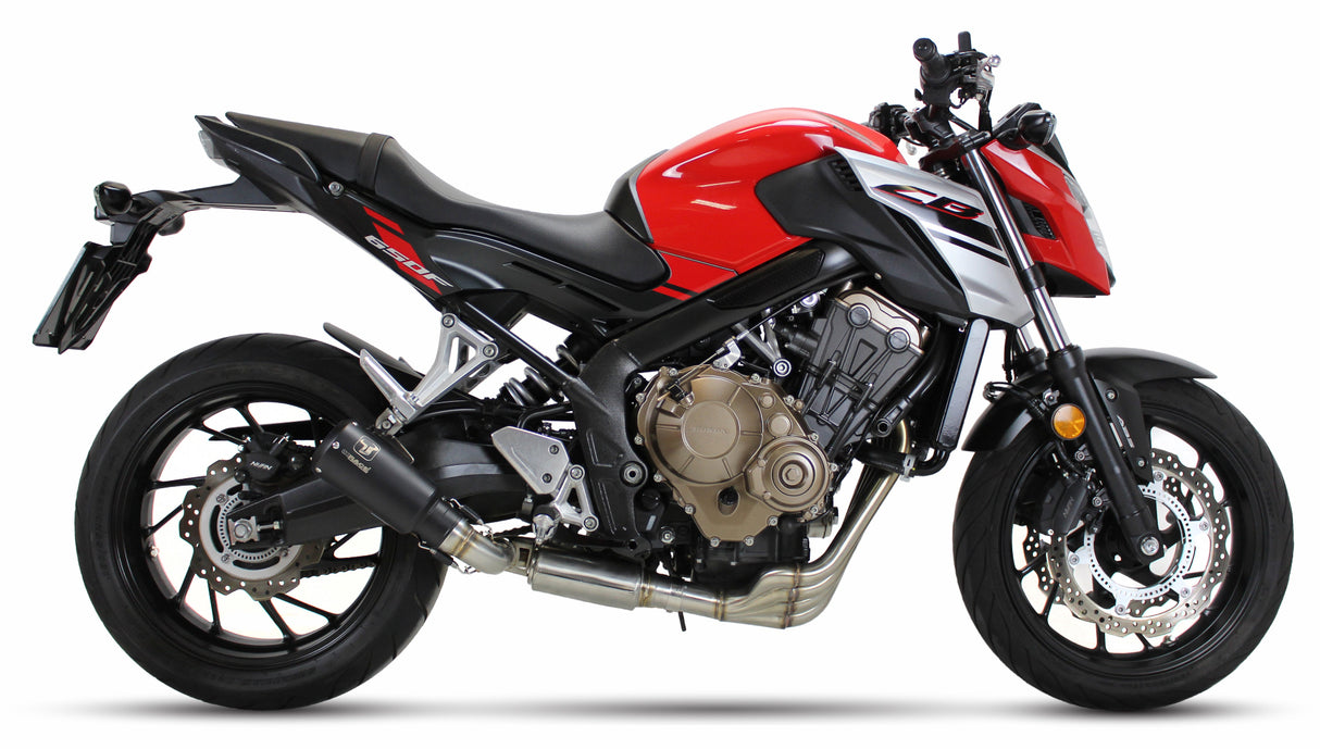 Ixrace MK2 black full exhaust system installed on Honda CB650F 2014-2018 with GP-style outlet