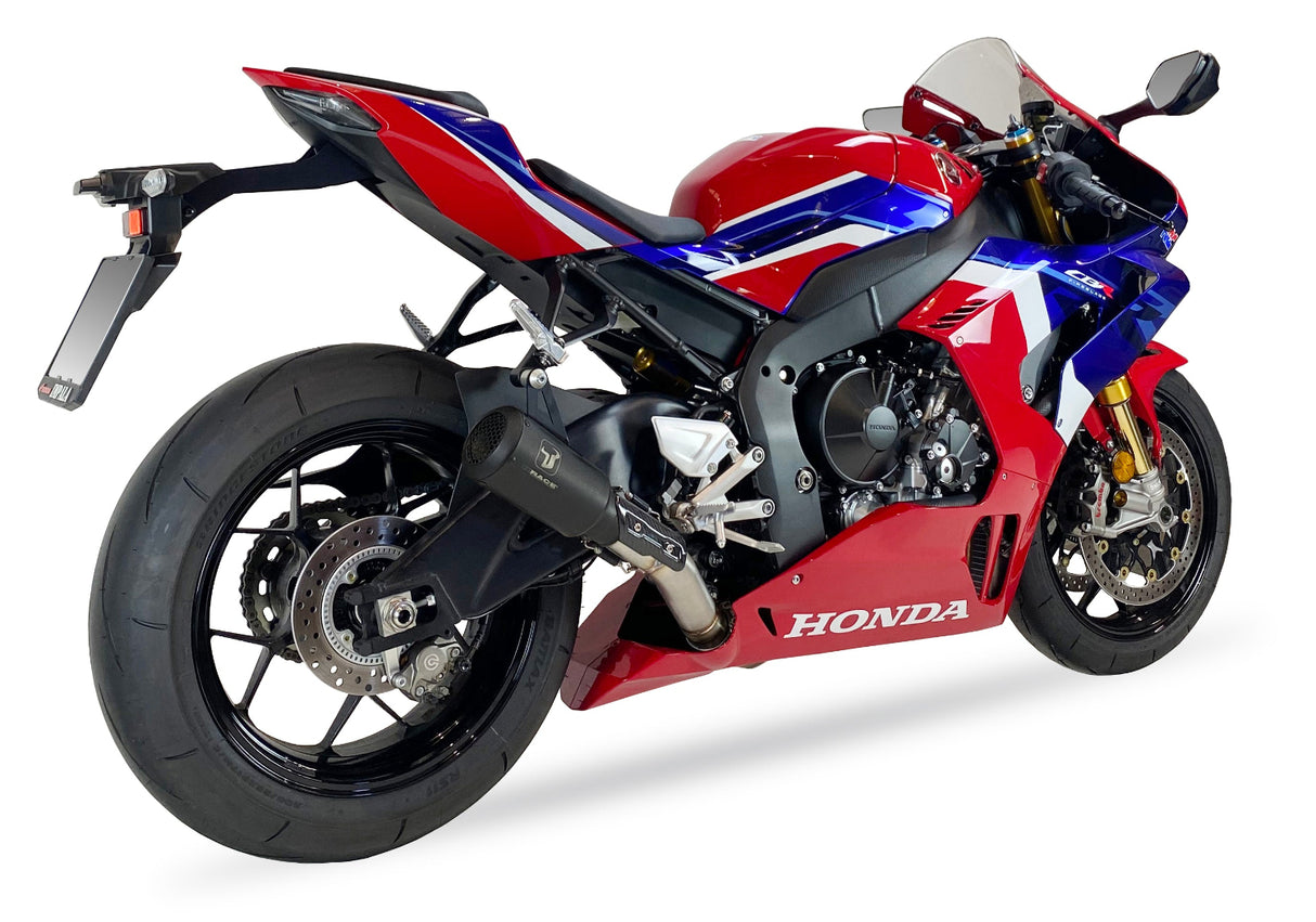 Ixrace MK2 black MotoGP style silencer fitted to Honda CBR1000RR-R 2020-2026 with carbon fibre heat shield_1