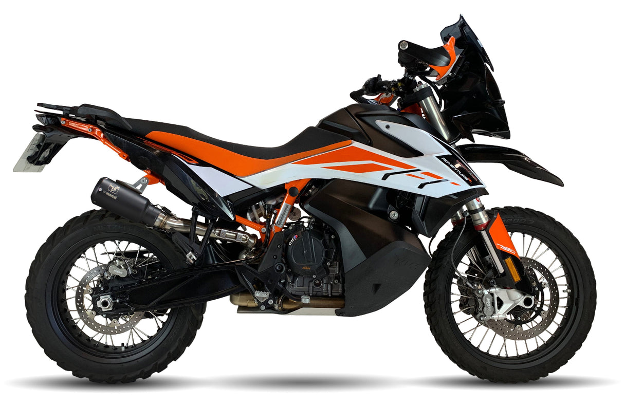 Ixrace MK2 black conical slip-on exhaust silencer fitted to KTM 790 Adventure 2023–2026