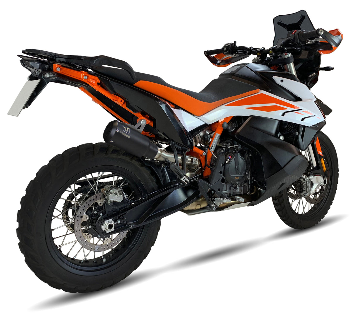 Ixrace MK2 black conical slip-on exhaust silencer fitted to KTM 790 Adventure 2023–2026_1