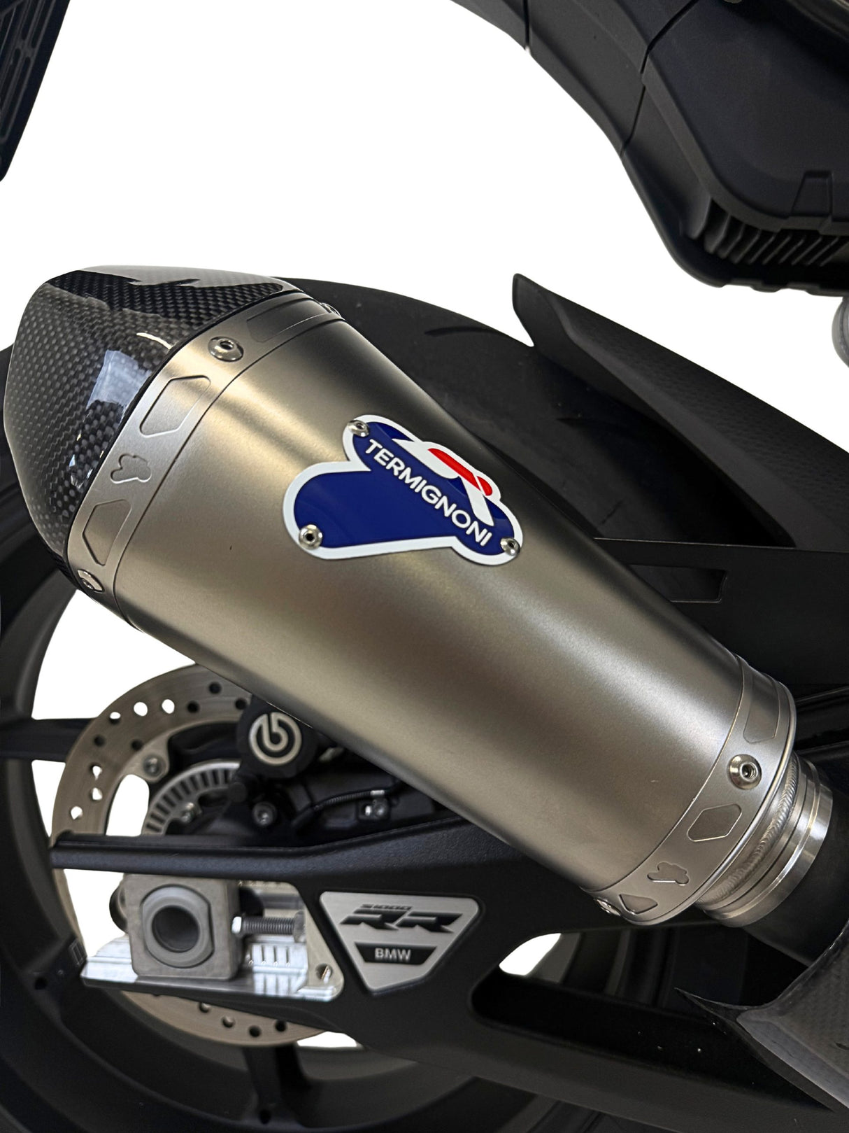 Termignoni titanium conical silencer fitted to BMW S1000RR 2019-2025 with carbon end cap_1