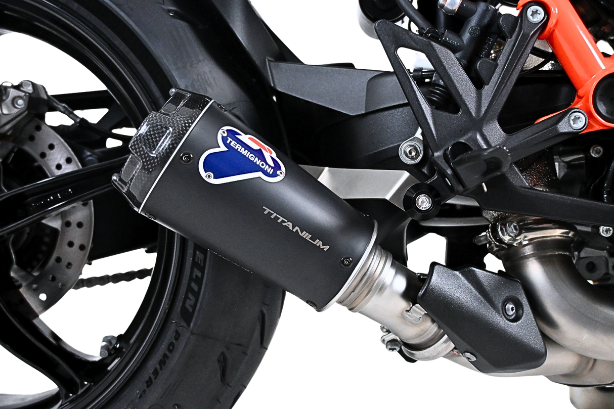 Termignoni GP2R-RHT Black Titanium Silencer KTM 1390 Super Duke R EVO with mesh detailing and stainless steel link pipe