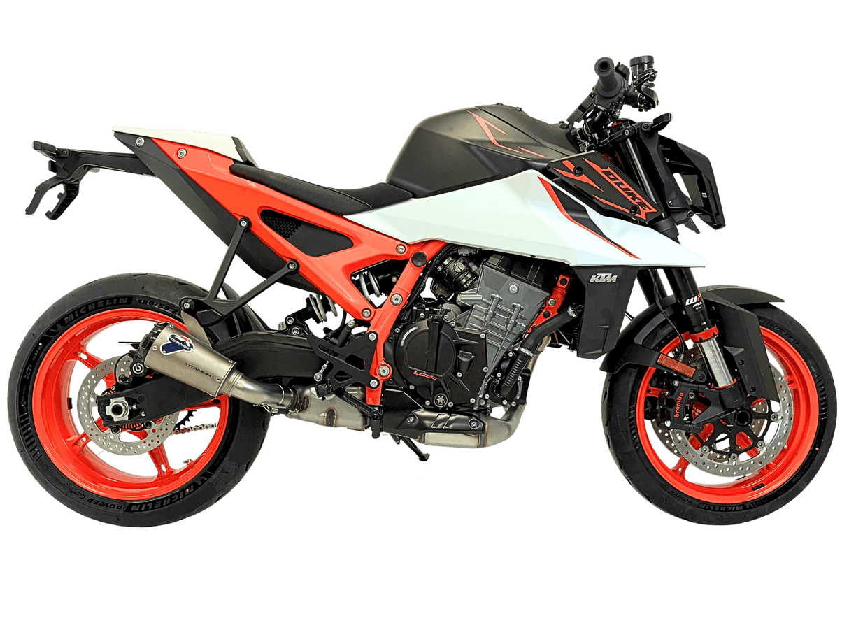 Termignoni GP2R-RHT titanium silencer fitted to KTM Duke 990 2024–2026 with mesh detail and removable db killer_3