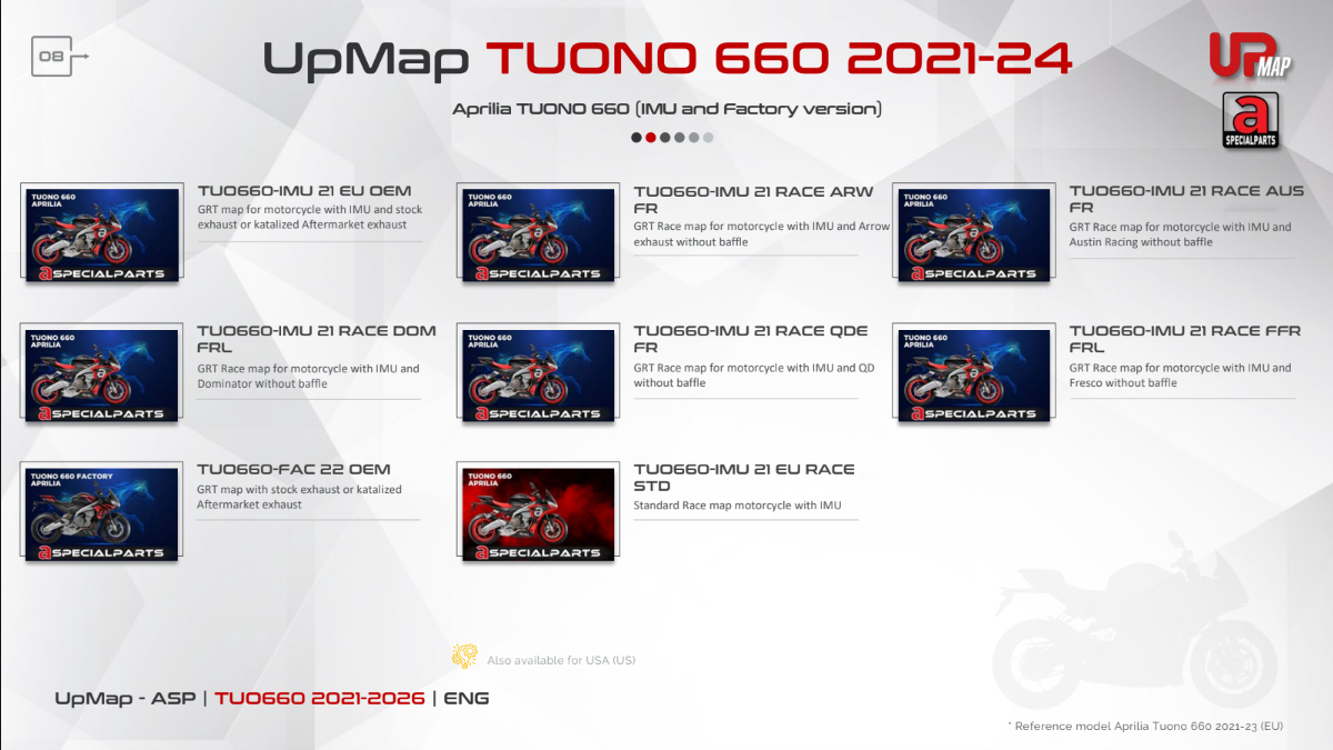 UpMap T800+ for the Aprilia Tuono 660 (2021-26). Available at Motorcycle Performance Store.