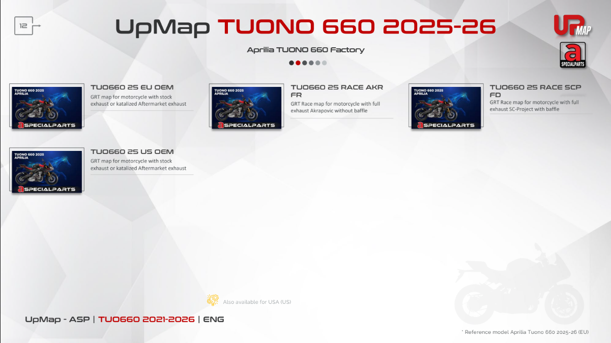 UpMap T800+ for the Aprilia Tuono 660 (2021-26). Available at Motorcycle Performance Store.