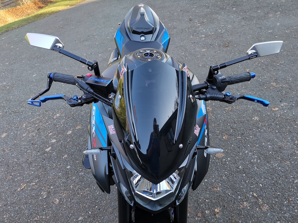 PUIG PRO Frame Sliders Suzuki GSX-S 750 2017-20 & Puig Brake / Clutch Fluid Tank Cover & PUIG Racing Levers / Gen 3 - Blue Adjusters / Black Lever / Blue Extendable & PUIG Mirrors - F1.1 Black / Silver - Various Fitments - Motorcycle Performance Store