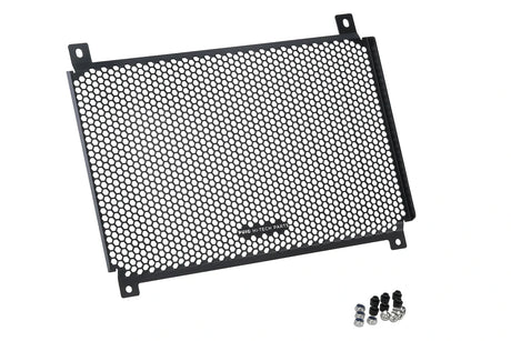 Puig radiator guard fitted to motorcycle showing aluminium hexagonal airflow design