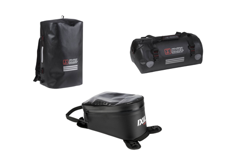 IXIL waterproof motorcycle luggage bags 5L tank bag 30L 50L 65L and 35L rucksack black TPU with reflective strips and waterproof zippers