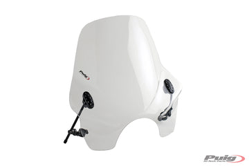 Puig Touring I Universal Clear Motorcycle Screen for round headlights, 530 mm high x 540 mm wide in 3 mm high-impact acrylic