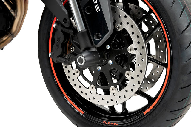 Puig PHB19 Front Fork Protector for KTM Duke 790 2018-26 in Black machined nylon, 40 mm x 50 mm axle slider for fork protection