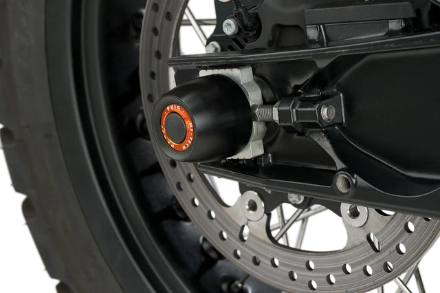 Puig PHB19 Rear Swing Arm Protector for KTM Duke 790 2018-26 in Black machined nylon with Black caps and optional coloured rings