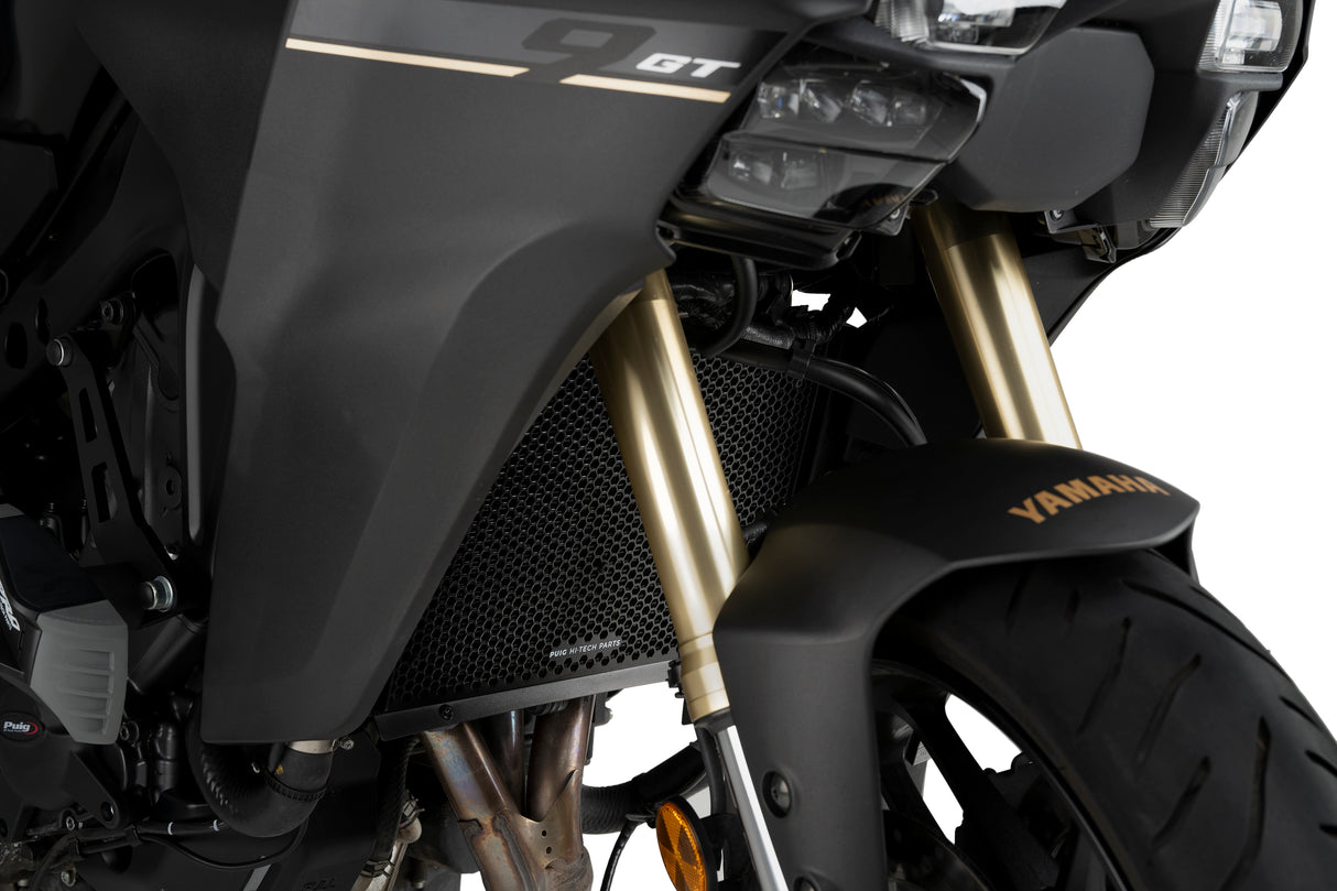 Puig aluminium radiator guard with black textured finish and hex mesh for Yamaha MT-09 radiator protection