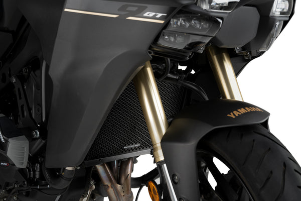 Puig aluminium radiator guard with black textured finish and hex mesh for Yamaha MT-09 radiator protection