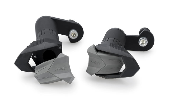 Puig 22236N R19 Frame Sliders for Aprilia RS 457 2024-26 with nylon crash protectors and grey rubber end caps for chassis and engine protection
