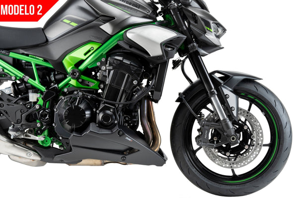Puig engine spoiler fitted to Kawasaki Z900 (SE) 2025–2026 matt black belly pan lower fairing (model 2)