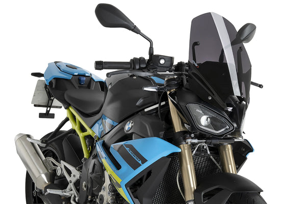 Puig dark smoke aerodynamic touring screen for BMW M1000R 2025-2026 providing upgraded windscreen protection and improved rider comfort