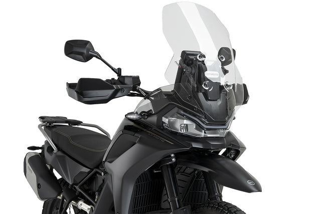 Puig 22837W Clear Touring Screen for CF Moto 800 MT-X 2025-26, 590 mm high x 405 mm wide in 4 mm acrylic.