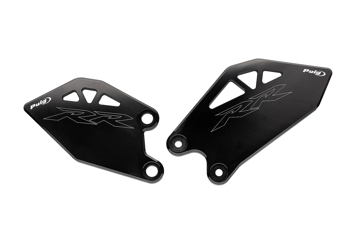 Puig 22850N Black Heel Plates, precision-machined billet aluminium motorcycle heel protector with anodised finish