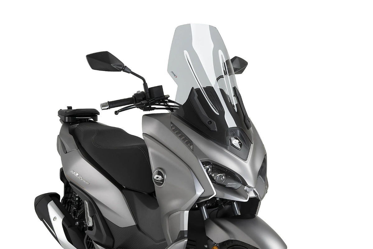 Puig V-Tech Line Touring Screen QJ Motor MTX 125 2024-26, 4 mm high-impact acrylic touring windscreen in clear or light smoke, Height 610 mm x Width 395 mm_1
