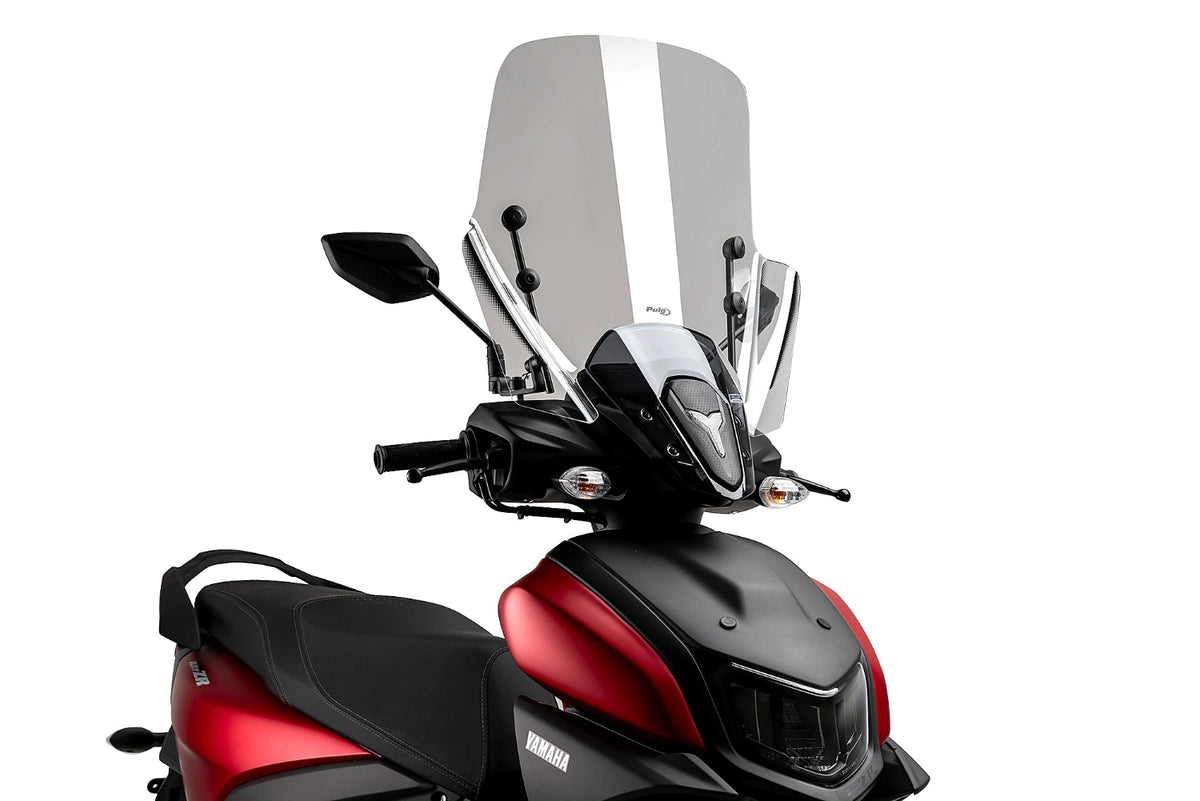 Puig T.X Windscreen Yamaha Razyr 2024-26, clear 4 mm PMMA acrylic touring scooter windscreen, Height 490 mm x Width 555 mm, with fitting kit