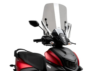 Puig T.X Windscreen Yamaha Razyr 2024-26, clear 4 mm PMMA acrylic touring scooter windscreen, Height 490 mm x Width 555 mm, with fitting kit