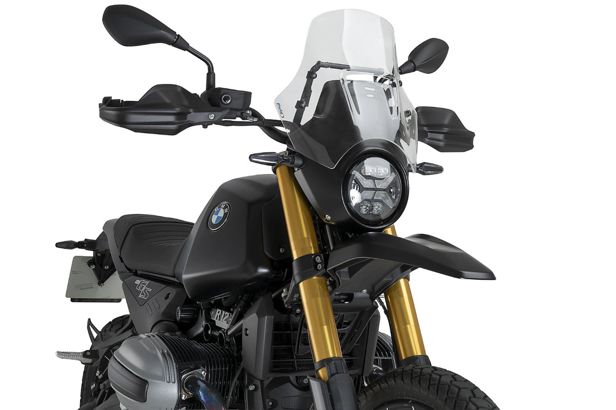 Puig Touring Screen BMW R12 G-S 2025-26, New Generation Touring PMMA acrylic windscreen in clear or light smoke, Height 360 mm x Width 370 mm, with fitting kit