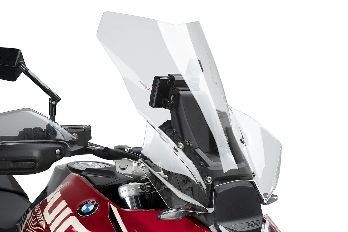 Puig Premium Touring Plus Screen BMW R1300GS 2023-26 and R1300GS Adventure 2024-26, Clear polycarbonate windscreen, Height 570 mm x Width 515 mm, 165 mm taller than OE, radar models only