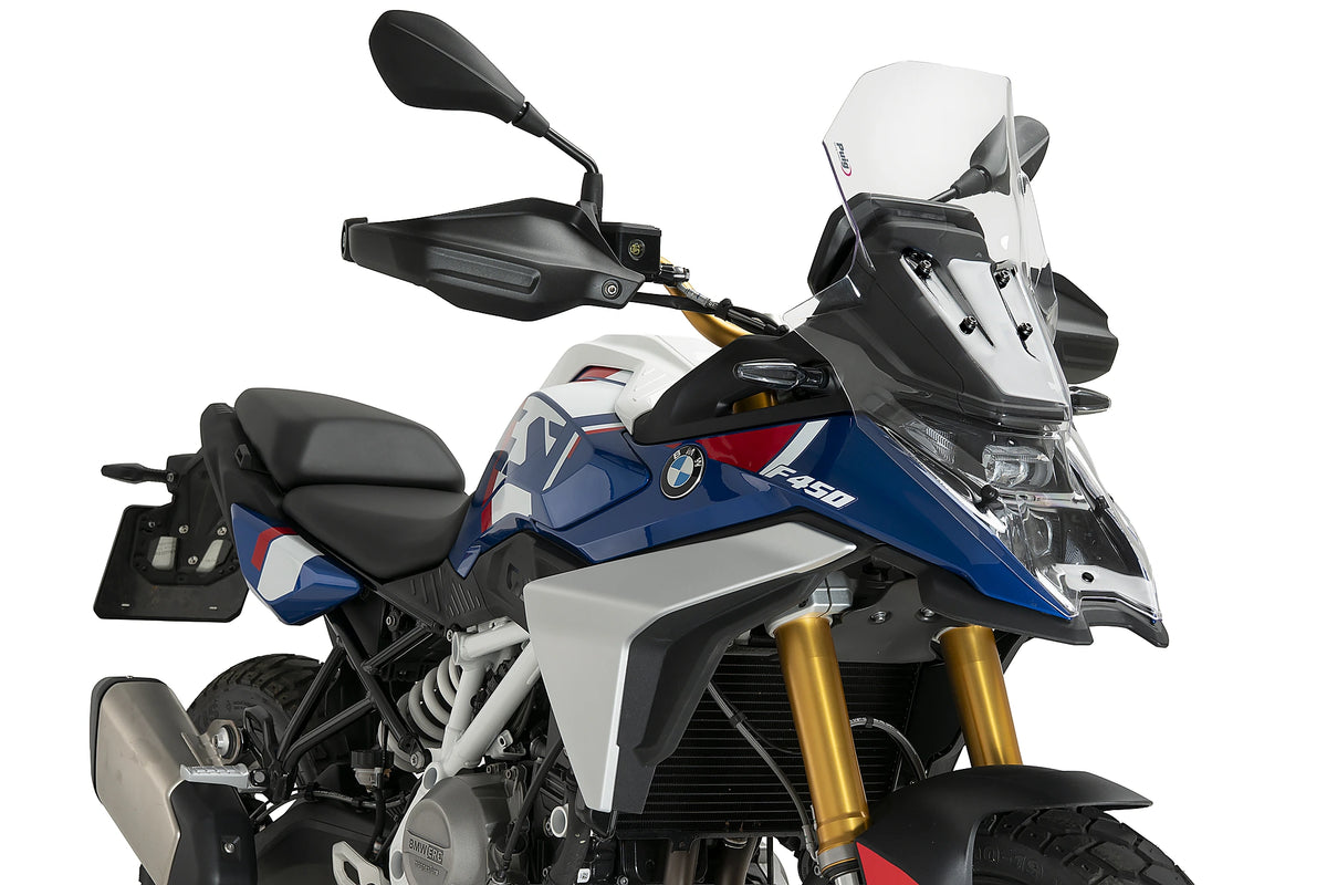 Puig 23207W Rally Screen BMW F450GS 2026, clear 3 mm PET-G adventure motorcycle windscreen, Height 585 mm x Width 345 mm, 15 mm taller than OE, with GPS and headlight protection.