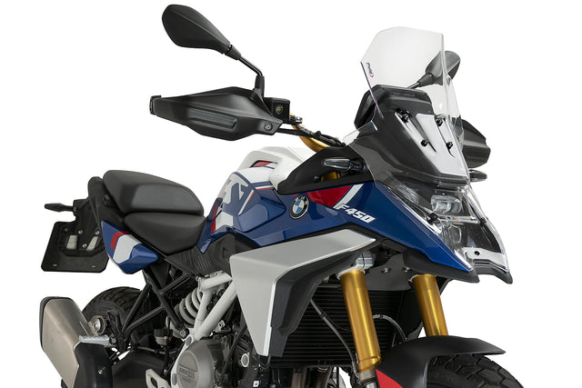 Puig 23207W Rally Screen BMW F450GS 2026, clear 3 mm PET-G adventure motorcycle windscreen, Height 585 mm x Width 345 mm, 15 mm taller than OE, with GPS and headlight protection.
