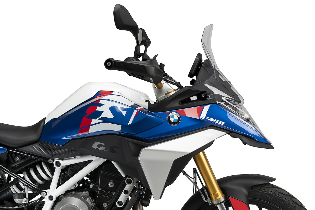 Puig 23207W Rally Screen BMW F450GS 2026, clear 3 mm PET-G adventure motorcycle windscreen, Height 585 mm x Width 345 mm, 15 mm taller than OE, with GPS and headlight protection_2