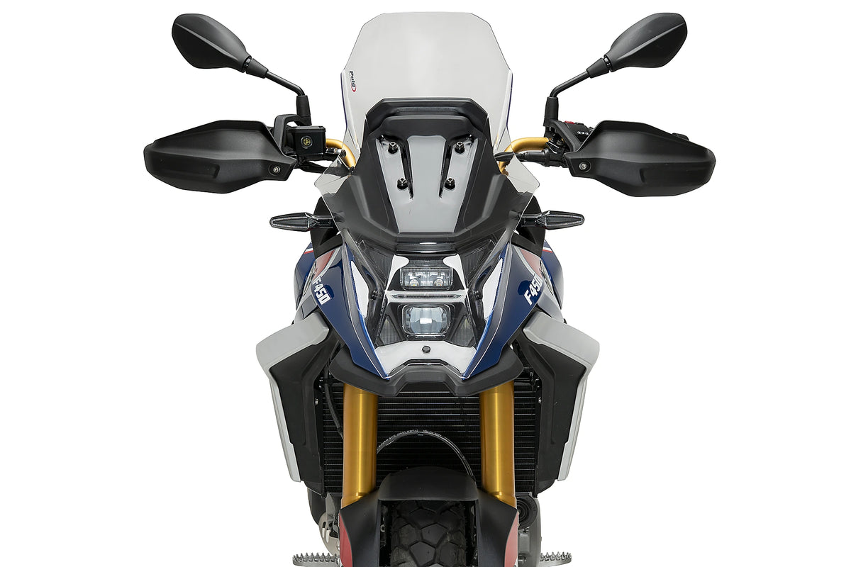 Puig 23207W Rally Screen BMW F450GS 2026, clear 3 mm PET-G adventure motorcycle windscreen, Height 585 mm x Width 345 mm, 15 mm taller than OE, with GPS and headlight protection._1