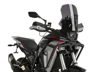 Puig 23214F Dark Smoke Touring Screen QJ Motor SRT 450 RX 2026, acrylic motorcycle windscreen, Height 410 mm x Width 375 mm, adventure touring wind protection.