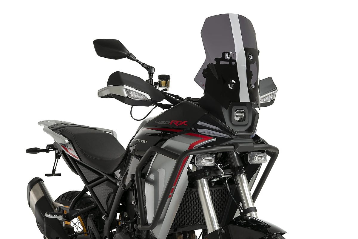 Puig 23214F Dark Smoke Touring Screen QJ Motor SRT 450 RX 2026, acrylic motorcycle windscreen, Height 410 mm x Width 375 mm, adventure touring wind protection.