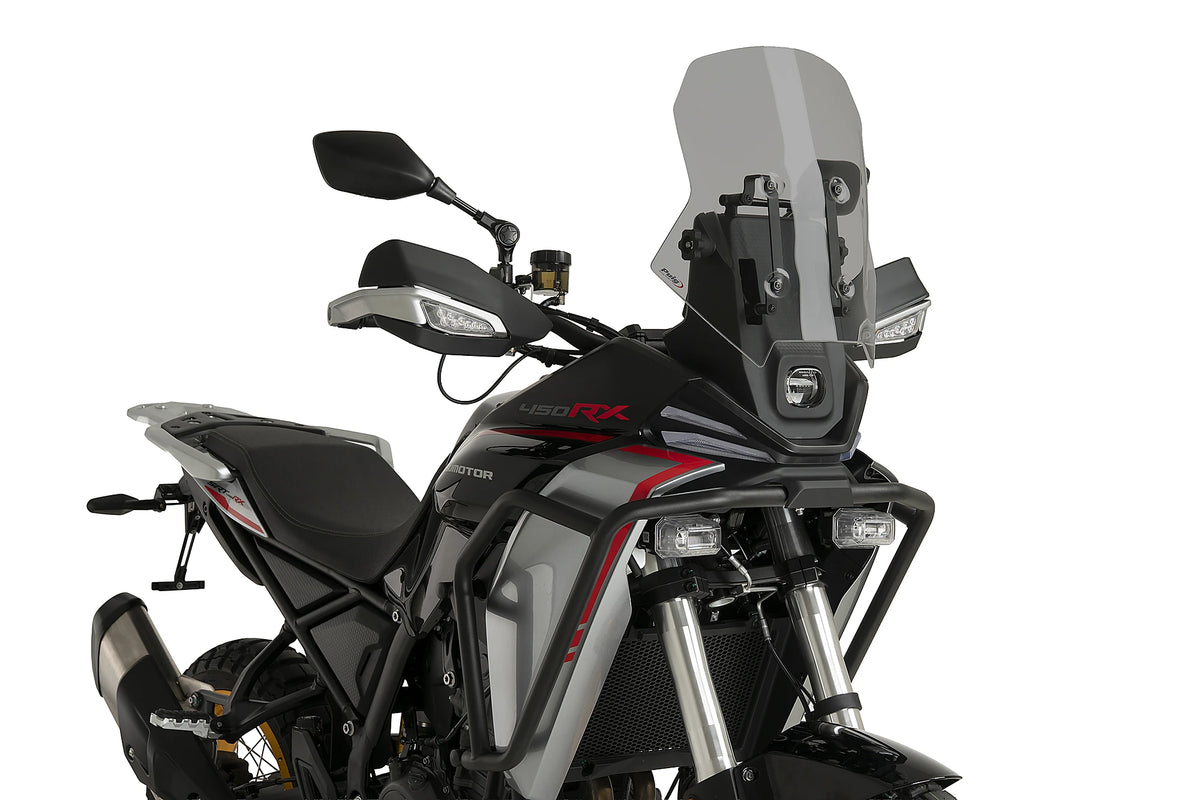 Puig 23214H Light Smoke Touring Screen QJ Motor SRT 450 RX 2026, acrylic motorcycle windscreen, Height 410 mm x Width 375 mm, adventure touring wind protection.