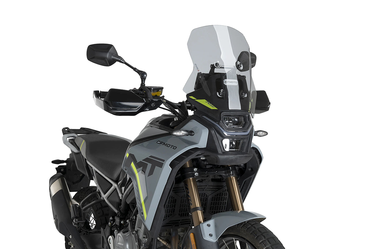 Puig 23214H Light Smoke Touring Screen CF Moto 450 MT 2023-26, acrylic motorcycle windscreen, Height 410 mm x Width 375 mm, 140 mm taller than original CF Moto screen.