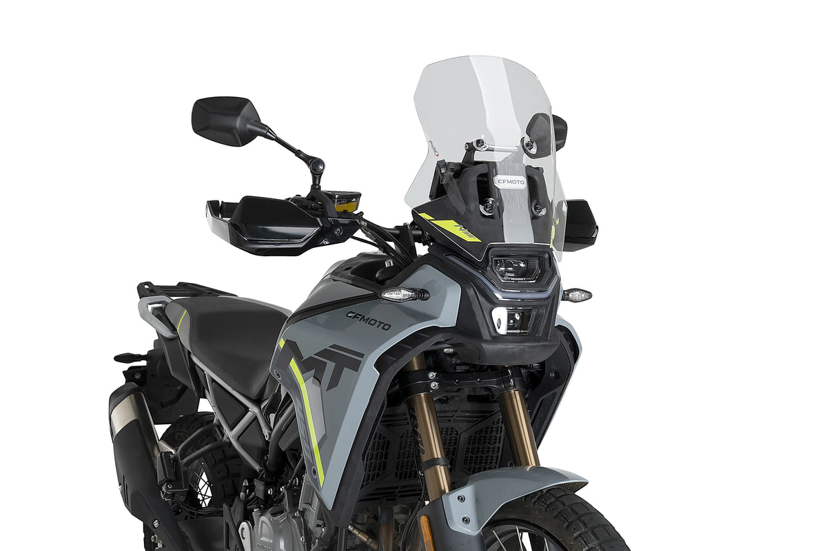 Puig 23214W Clear Touring Screen CF Moto 450 MT 2023-26, acrylic motorcycle windscreen, Height 410 mm x Width 375 mm, 140 mm taller than original CF Moto screen.