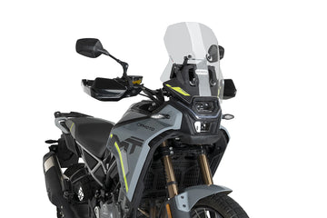 Puig 23214W Clear Touring Screen CF Moto 450 MT 2023-26, acrylic motorcycle windscreen, Height 410 mm x Width 375 mm, 140 mm taller than original CF Moto screen.