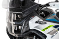 Puig 23216W Headlight Protector CF Moto 450 MT 2023-26, clear motorcycle headlight guard with black epoxy-coated steel mounting brackets and fitting kit