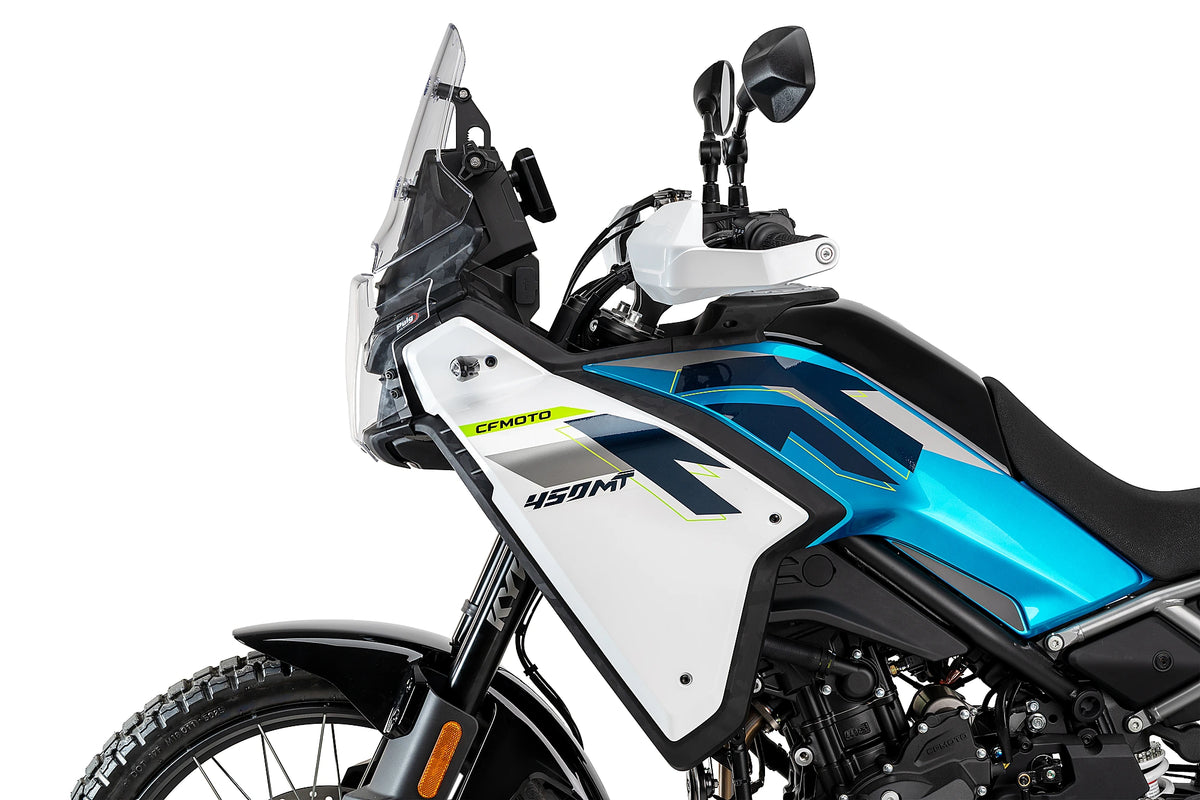 Puig 23216W Headlight Protector CF Moto 450 MT 2023-26, clear motorcycle headlight guard with black epoxy-coated steel mounting brackets and fitting kit_1