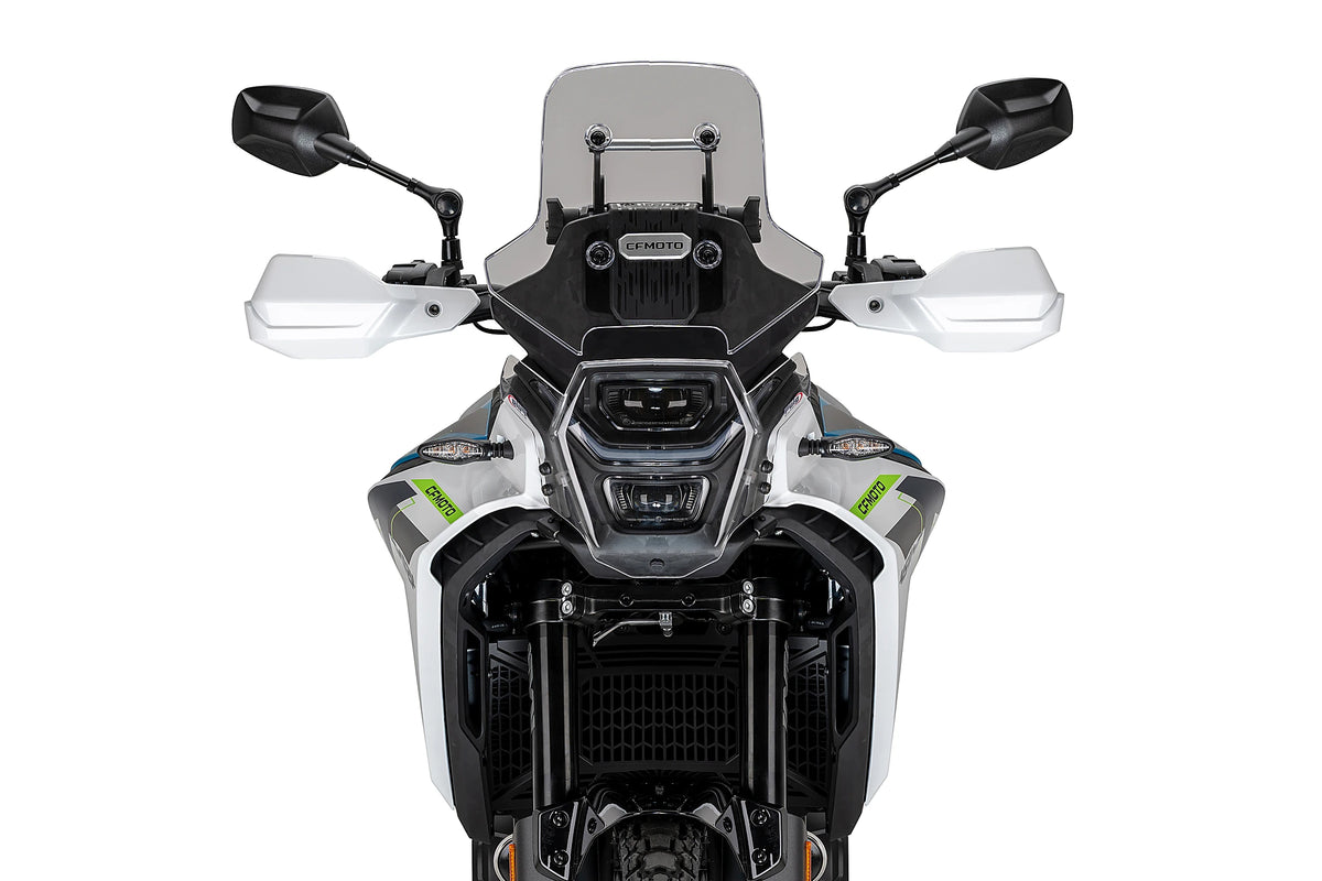 Puig 23216W Headlight Protector CF Moto 450 MT 2023-26, clear motorcycle headlight guard with black epoxy-coated steel mounting brackets and fitting kit_2