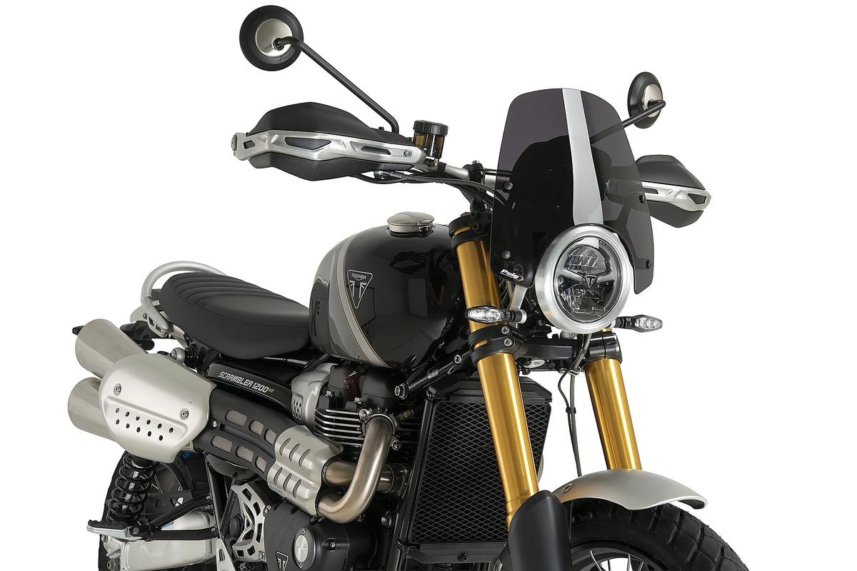 Puig 23218F Dark Smoke New Generation Sport Screen Triumph Scrambler 1200 XE 2026, acrylic motorcycle windscreen, Height 320 mm x Width 325 mm, with fitting kit