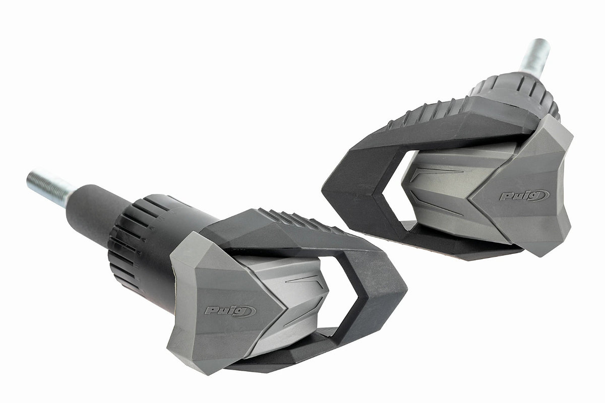Puig R19 Frame Sliders Kawasaki Ninja ZX-6R 2018-23, high-resistance nylon engine and chassis protectors with grey rubber end caps, optional coloured inserts and model-specific mounting hardware