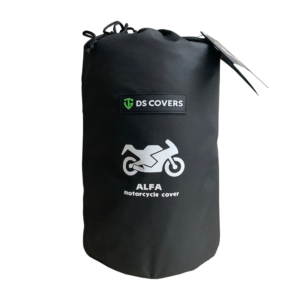 Waterproof DS Alfa outdoor motorcycle cover protecting a bike from rain and weather_8