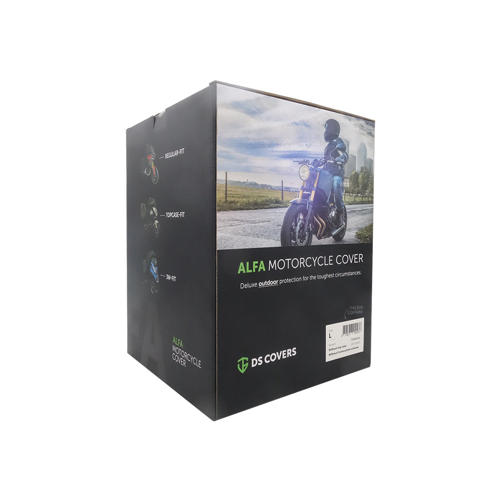 Waterproof DS Alfa outdoor motorcycle cover protecting a bike from rain and weather_9